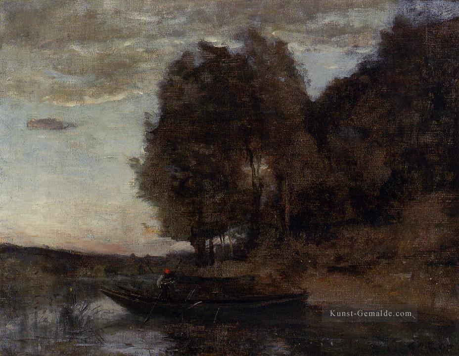 Fischer Bootfahren entlang einer Bewaldete Landschaft plein air Romantik Jean Baptiste Camille Corot Ölgemälde